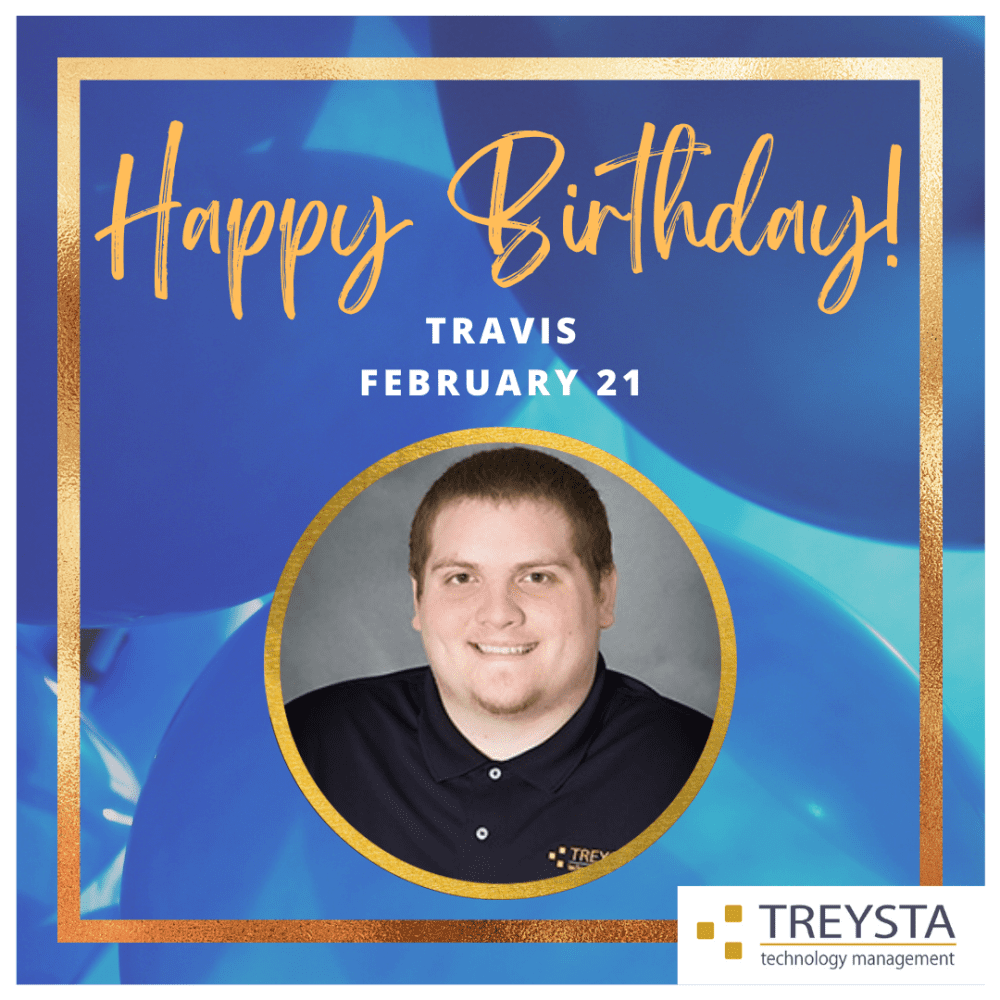 A square photo with a blue background and a picture in the middle. It says happy birthday travis in gold text.