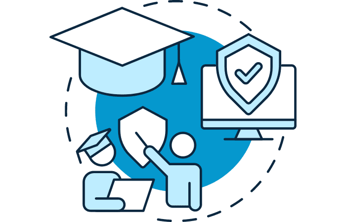 A blue and white graphic with teaching icons.