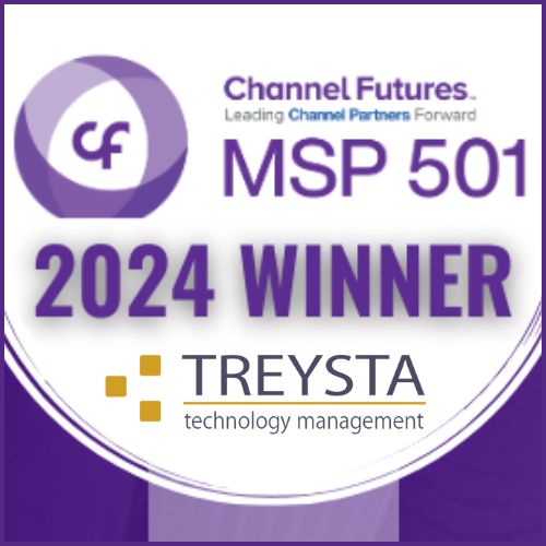 A purple and white graphic that reads MSP201 2024 Winner TREYSTA technology management.