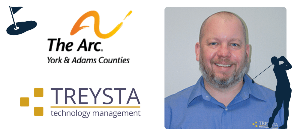 A picture of a white man in a blue shirt with two logos on the left. One is The Arc logo and the other is the TREYSTA logo.